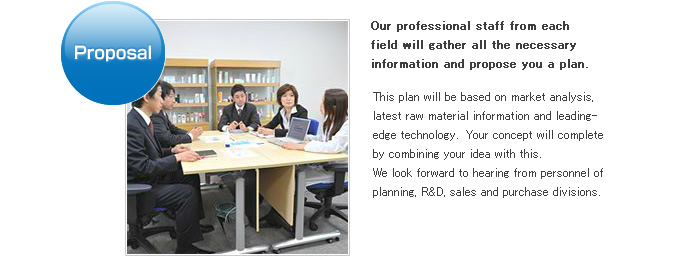 Proposal.Our professional staff from each field will gather all the necessary information and propose you a plan. This plan will be based on market analysis, latest raw material information and leading-edge technology.  Your concept will complete by combining your idea with this.We look forward to hearing from personnel of planning, R&D, sales and purchase divisions.